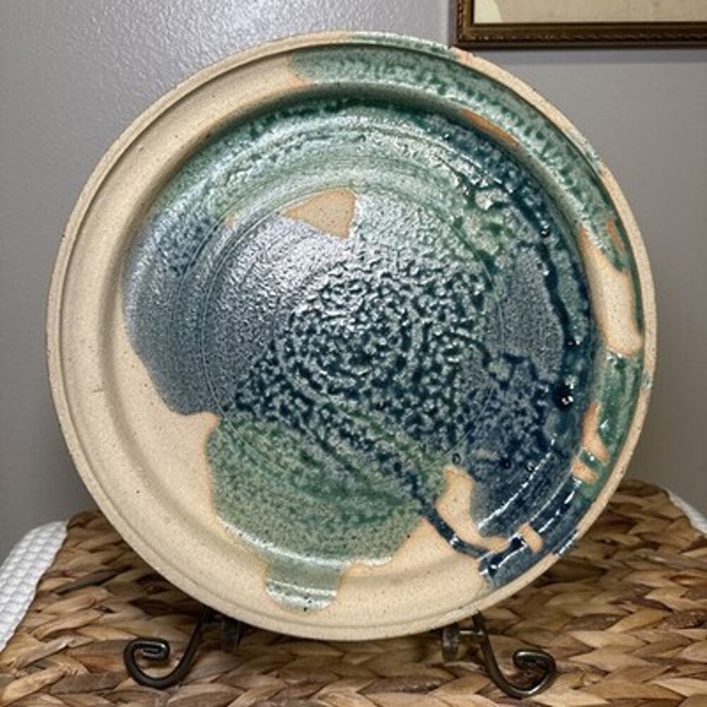 Studio Pottery Pie Plate 10” Teal Blue Glazed Stoneware Signed Handmade